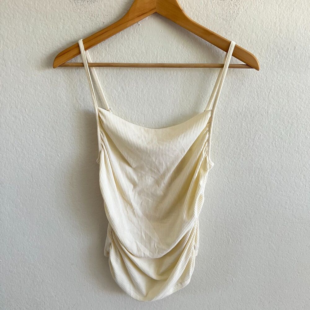 MONROW Ribbed Cowl Neck Side Ruched Cream Ivory Cami Tank Top Womens Medium